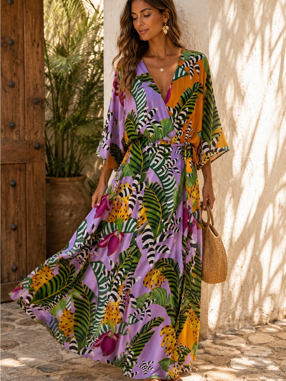 FARM Rio Tropical Botanical Wrap Maxi Dress Purple Orange S
